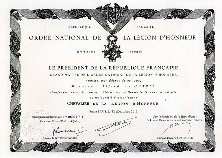 Diplôme Ordre National de la Légion d'Honneur Alfred de Grazia